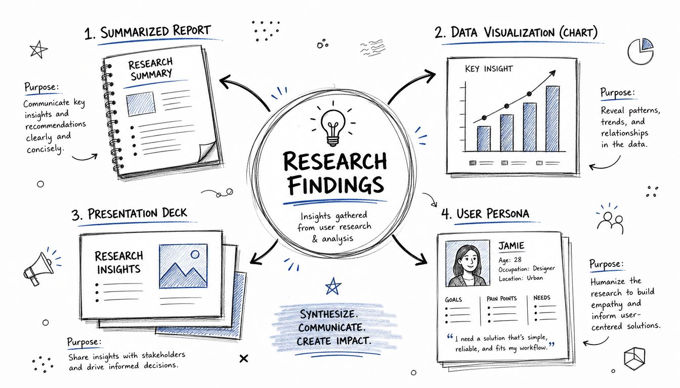 A hand-drawn diagram illustrating four main methods for presenting research findings including reports, charts, decks, and personas.