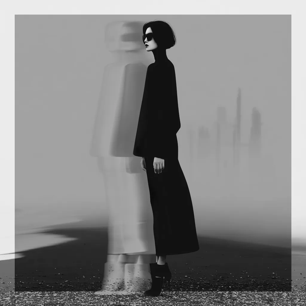 Cover della playlist Dark Elsewhere con figura femminile in nero, doppia ombra sfocata e atmosfera grigia.