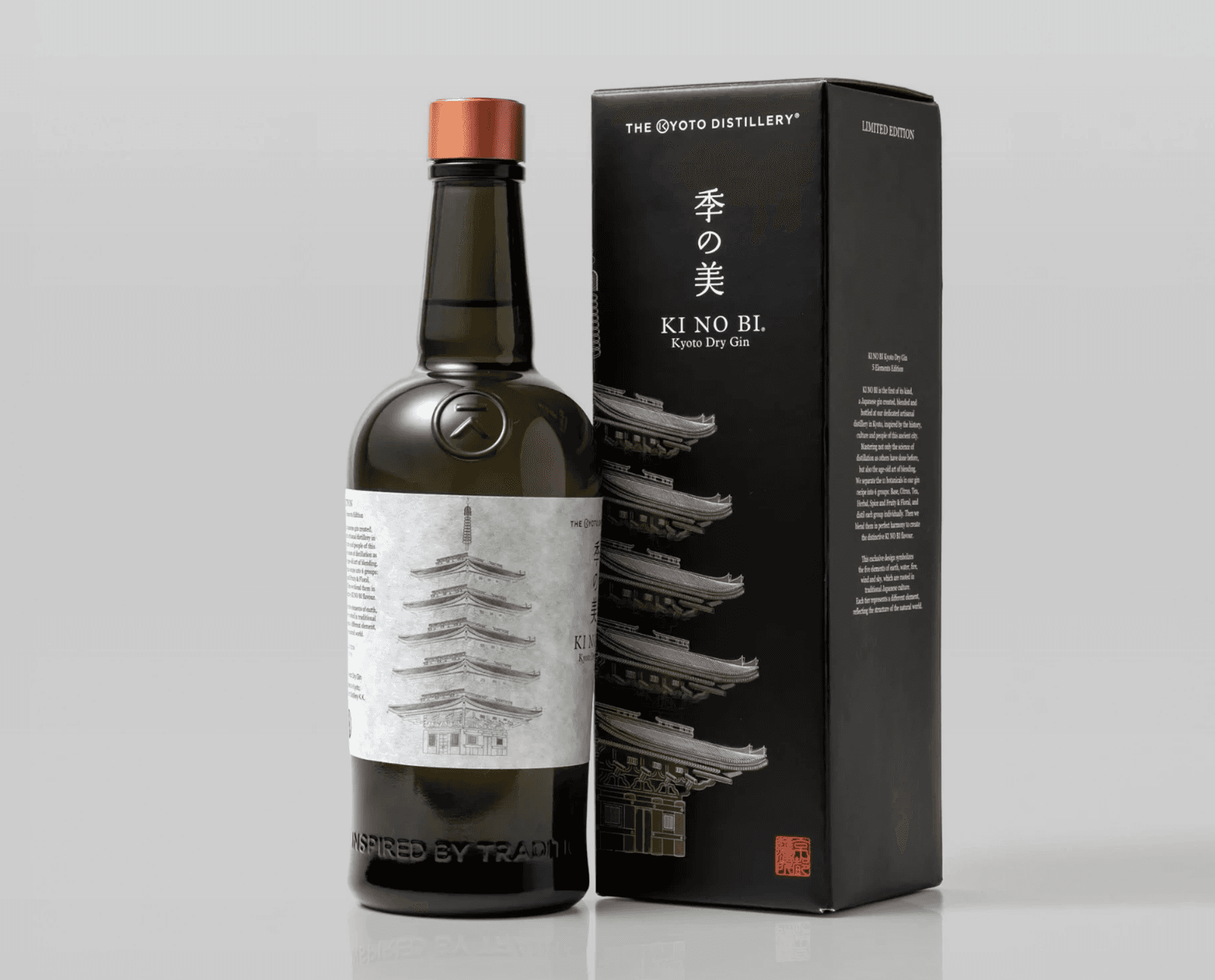 Ki No Bi Kyoto Dry Gin bottle with its Osaka Expo 2025 limited-edition packaging featuring a pagoda illustration designed by Josephine Grenier.