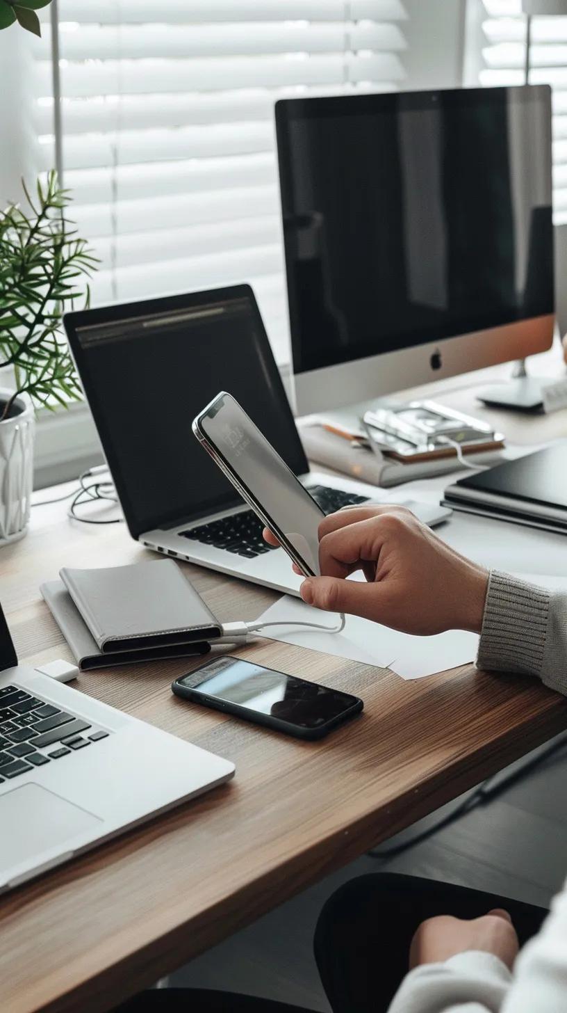Person setting up mobile hotspot on smartphone in a modern workspace