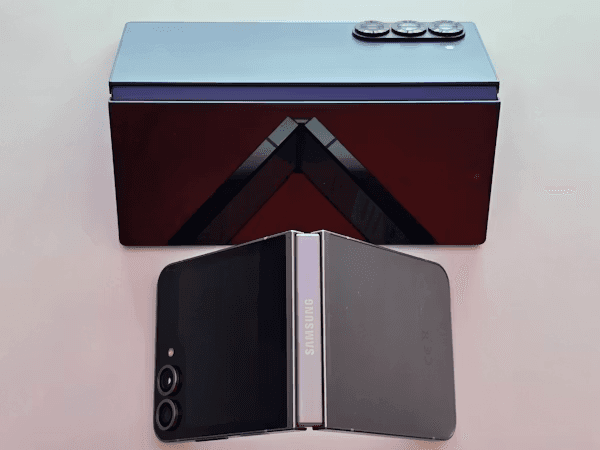 A modern foldable phone partly open, showing its inner display