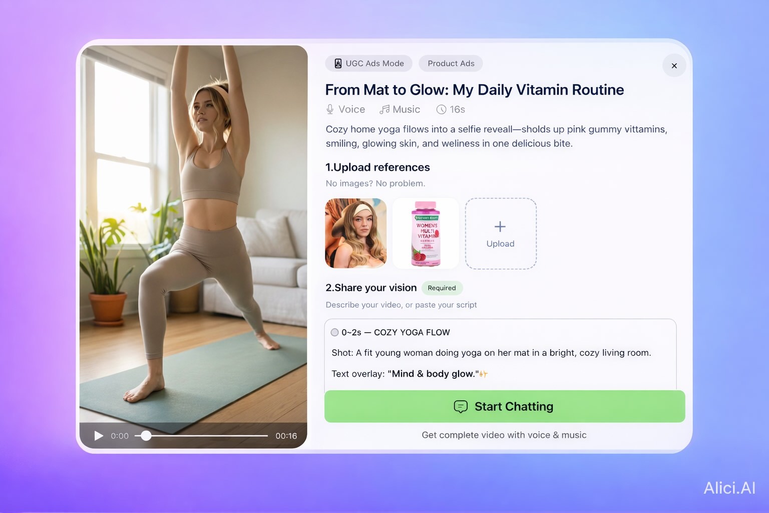 Alici AI platform: UGC yoga ad creation workflow — script to video agent in action