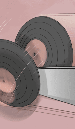 pink-toned storyboard panels show a vinyl record being sliced and falling onto a turntable