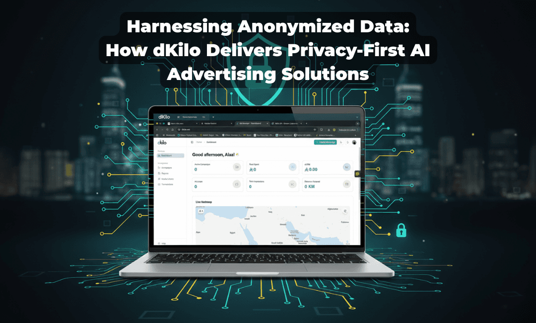 Laptop displaying dKilo’s advertising dashboard surrounded by digital circuitry, representing privacy-first, anonymized AI advertising technology.