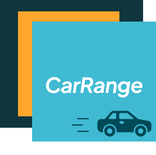 A square logo with the words "CarRange" over an icon of a little blue car.
