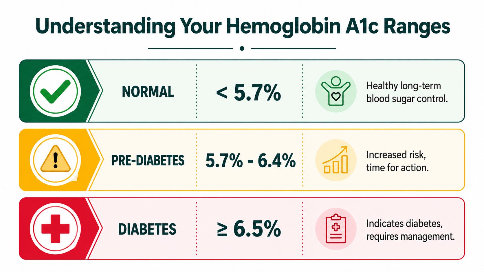 A chart showing hemoglobin A1c ranges classified as normal, pre-diabetes, and diabetes with corresponding health status information.