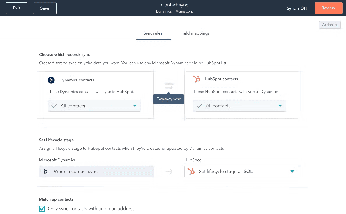 HubSpot’s interface for contact sync