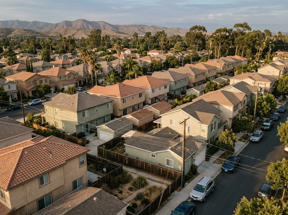 dense california suburban backyards aerial golden hour