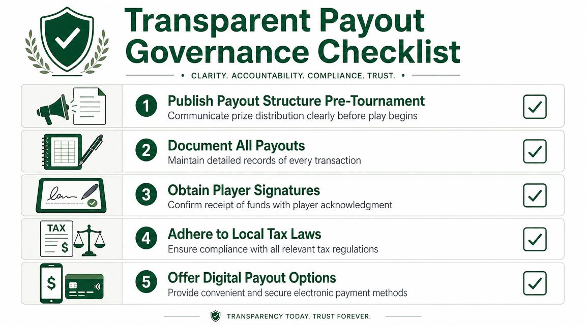 A checklist illustrating five steps for transparent payout governance in tournament prize distribution management.