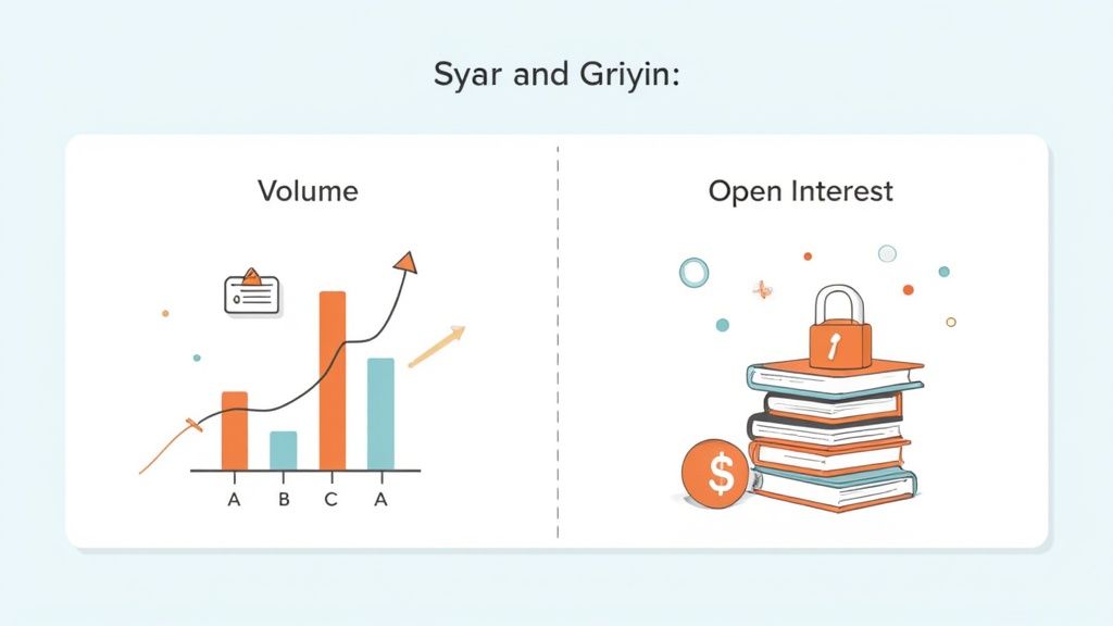 Comparison illustration showing volume with bar chart and open interest with locked books and dollar symbol