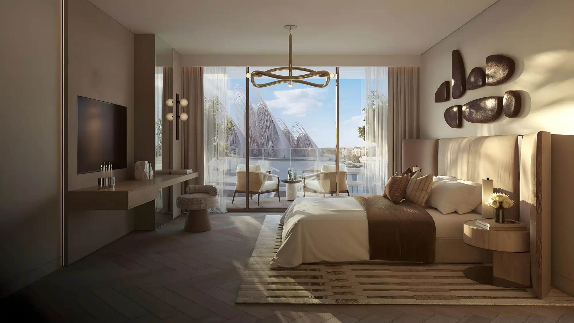A modern bedroom featuring large windows with a stunning view of the ocean at The Row Saadiyat.