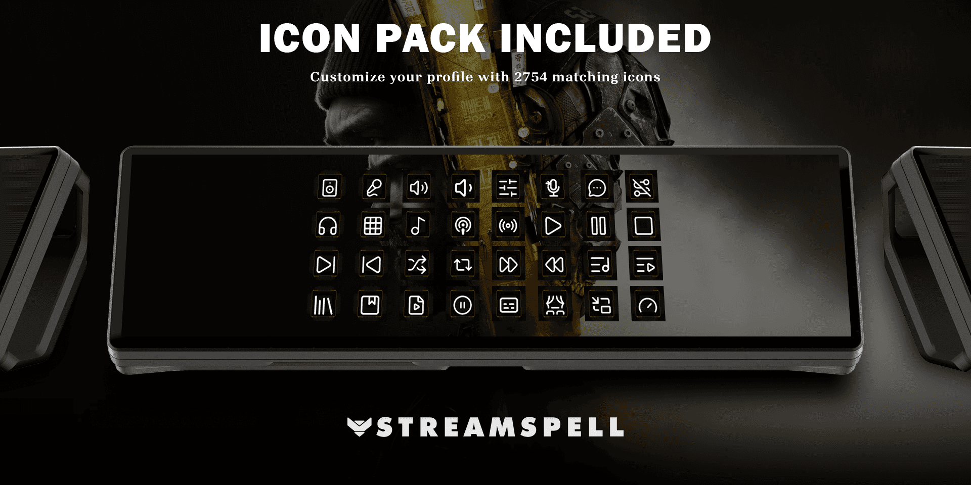 Modern Warfare 4 matching icon-library preview with a yellow 32-key grid on XENEON EDGE and a 2754-icons callout