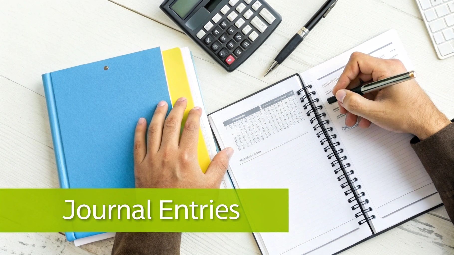Top-down view of a person writing in a journal with books, calculator, and pen on a white desk.