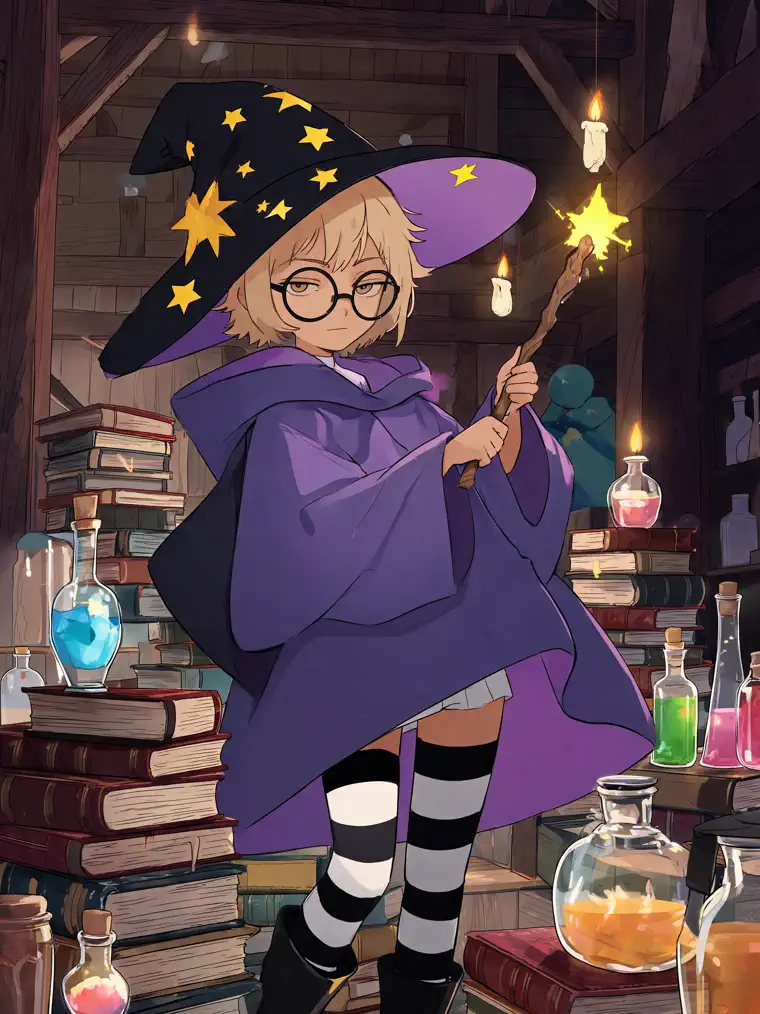 a young anime wizard holding a glowing wand in a potion workshop