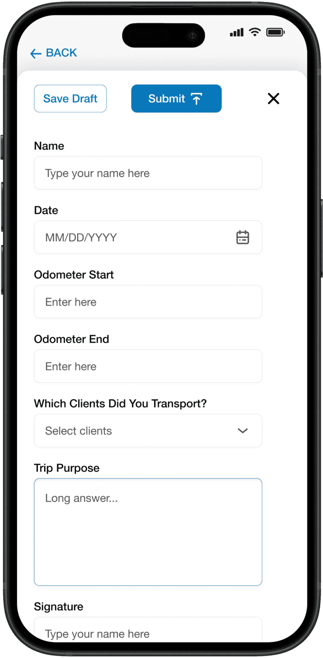 Transportation form in mobile app.