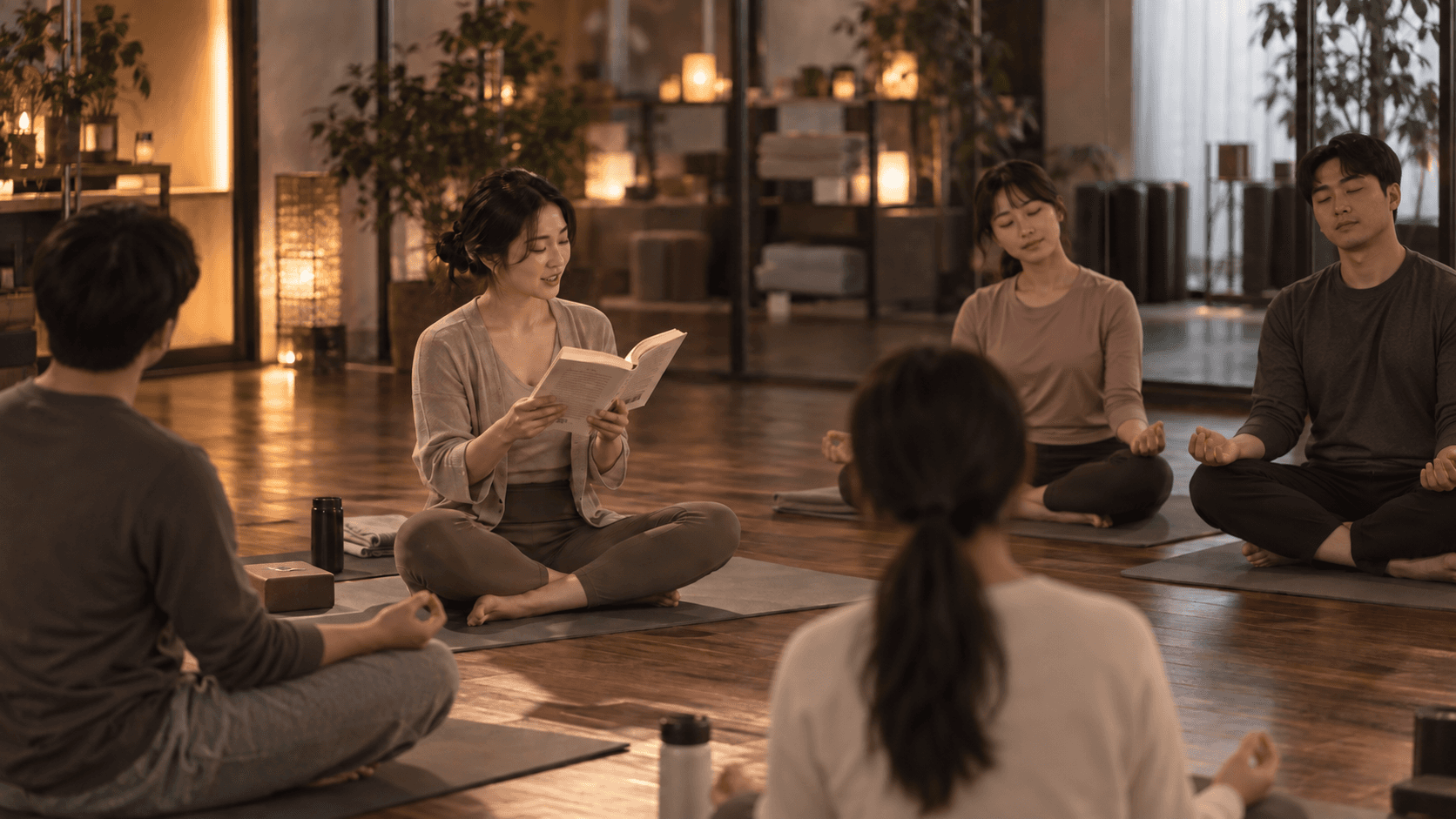 요가 매트에 앉은 강사가 책 속 구절을 읽고, 직원들이 눈을 감고 명상하며 호흡과 움직임에 집중하는 사내 요가 프로그램 모습
