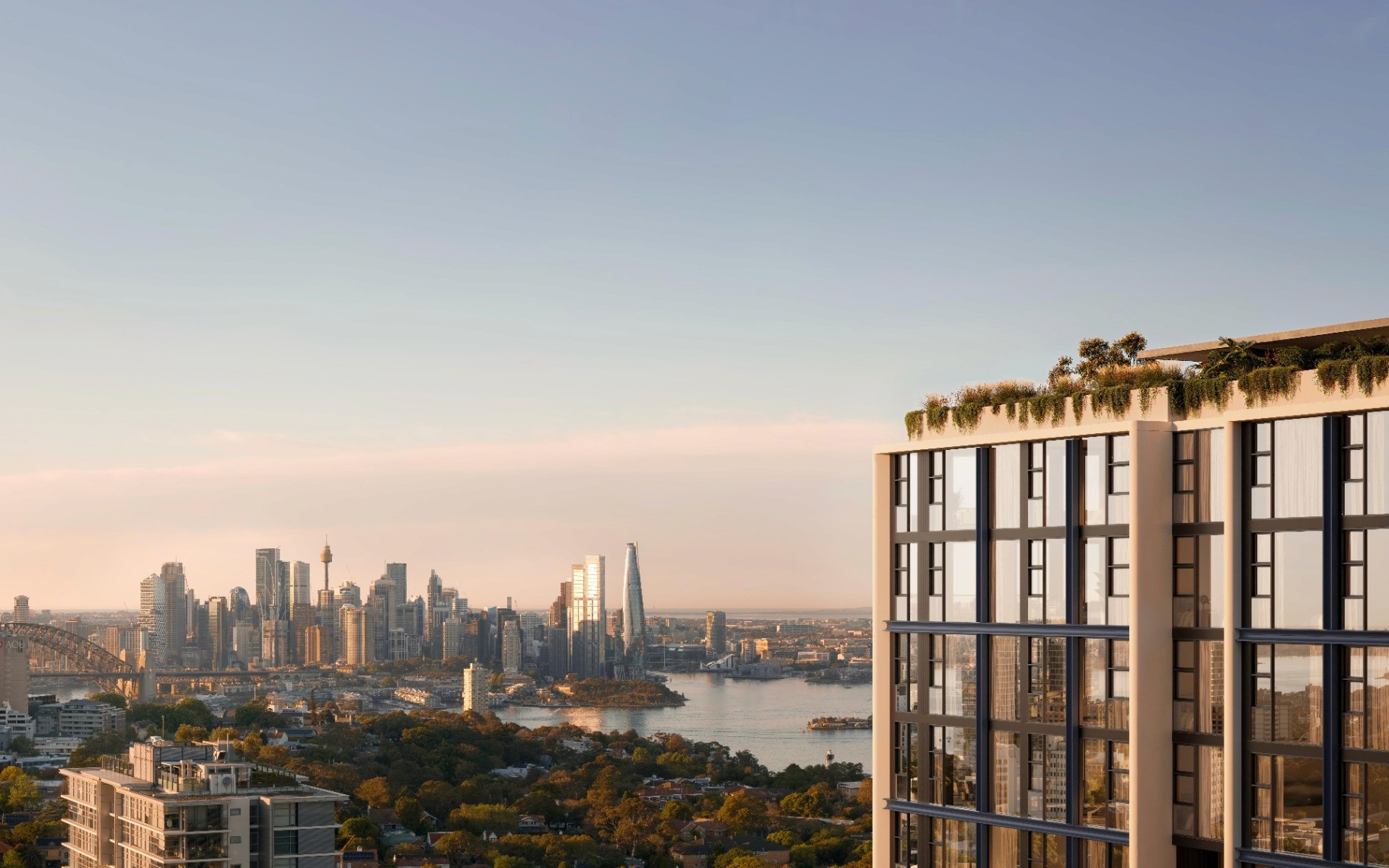 Panoramic view of Sydney Harbour and CBD from Falcon and Alexander off the plan apartments in Crows Nest Sydney