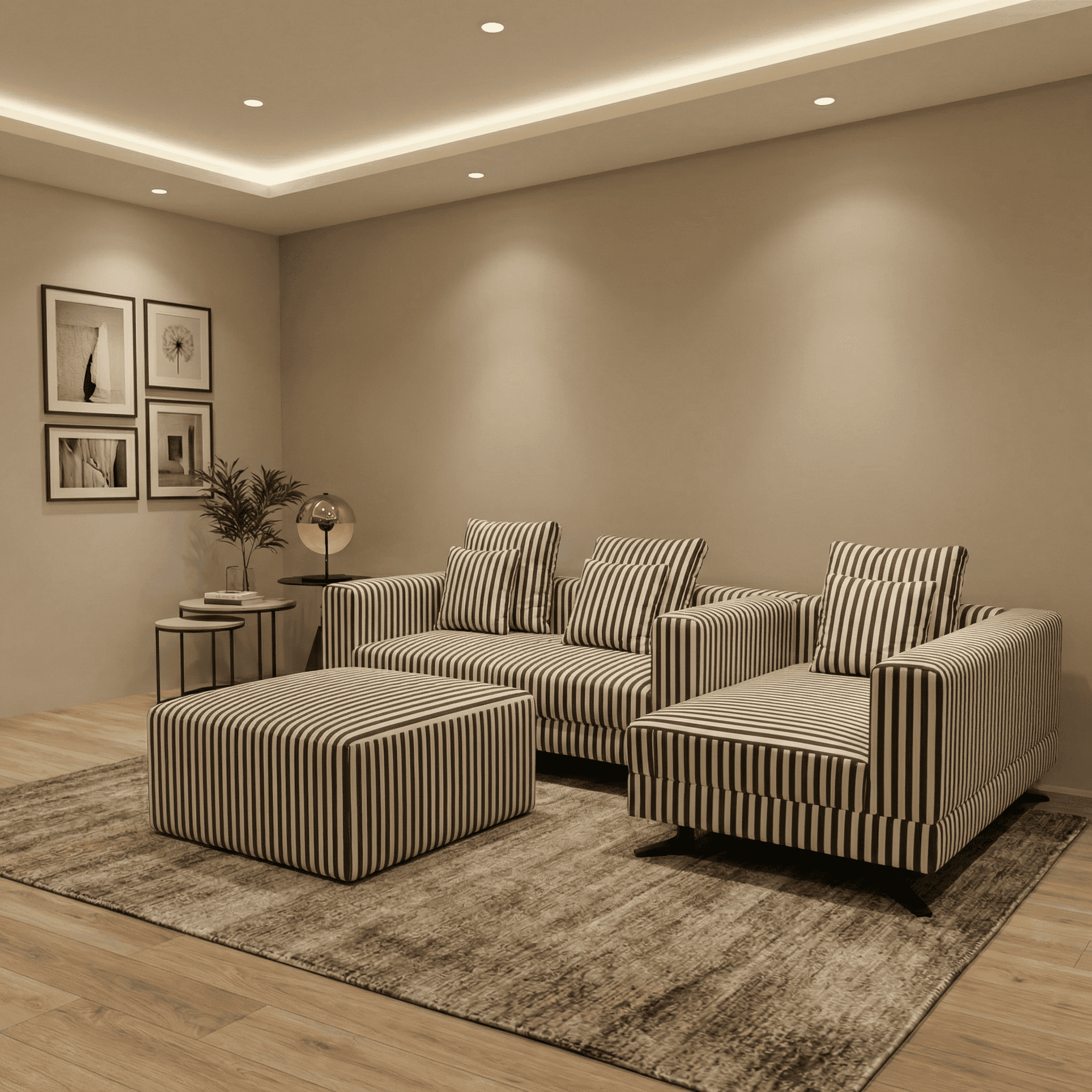 Luxury lounge seating with striped armchairs styled in a minimalist neutral interior