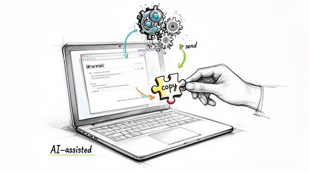 AI-assisted email process: hand copies content on laptop, gears show data flow for sending.