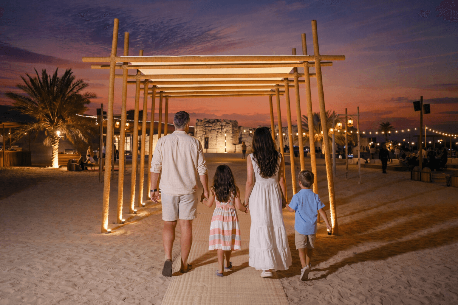 Family arriving at The Fort Lisaili for a VIP desert safari and dinner show experience with Dune Quest Tours in Dubai