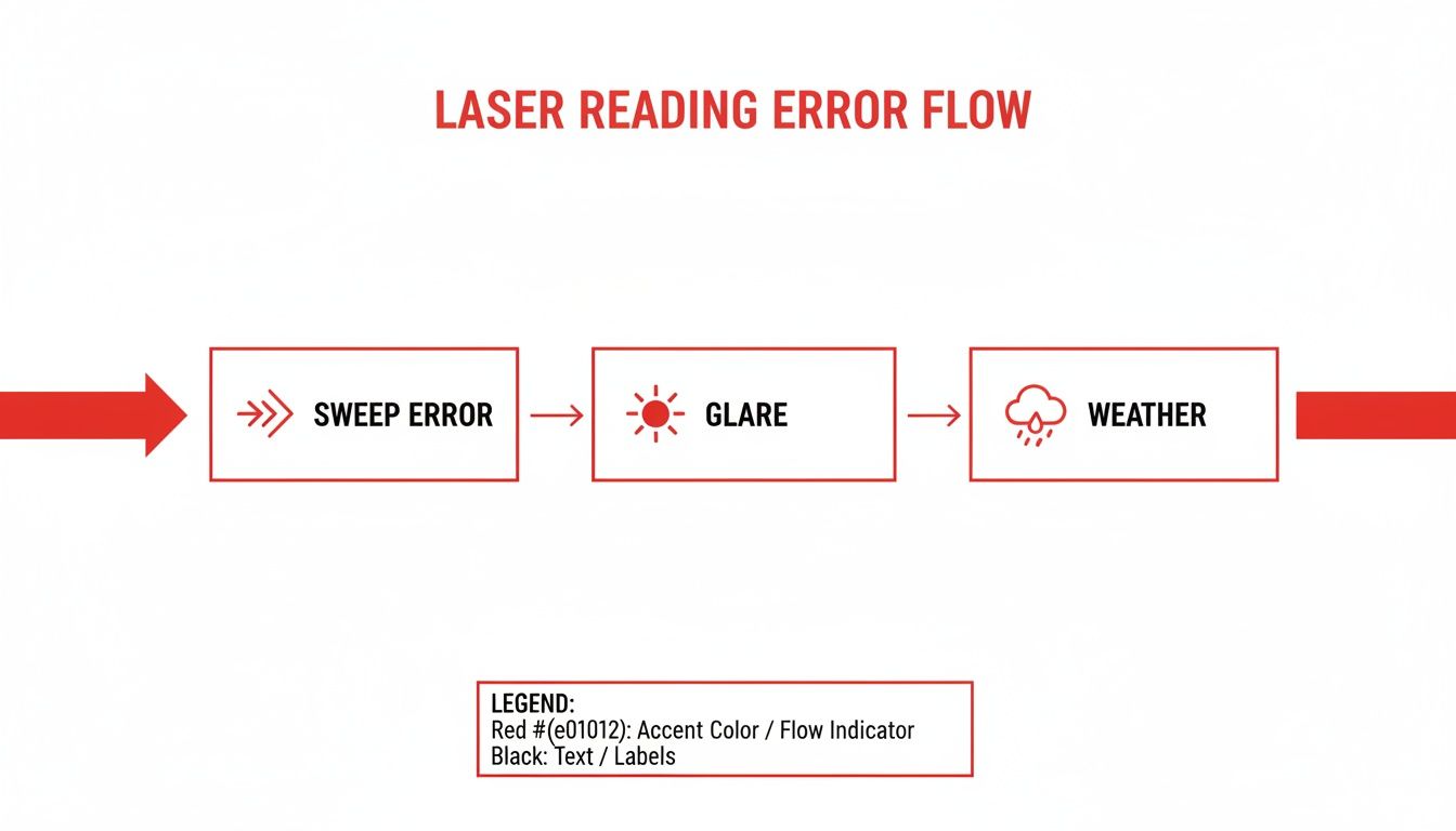 Flowchart illustrating laser reading error causes: sweep error, glare, and weather conditions, with red flow indicators.