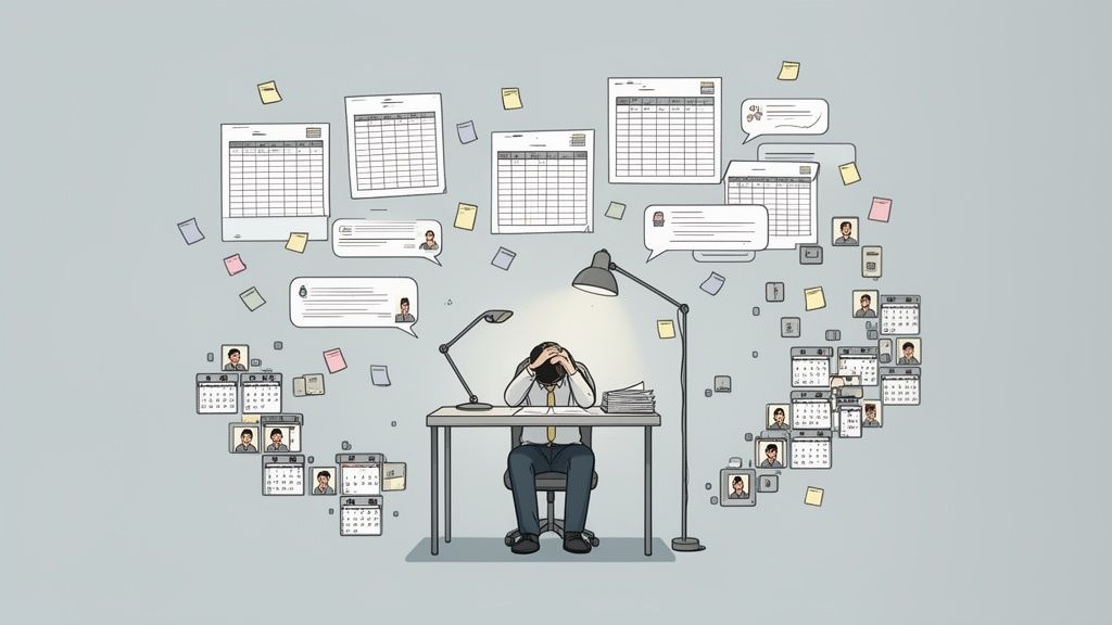 An overwhelmed person at a desk surrounded by multiple calendars, schedules, and chat bubbles, illustrating work stress.