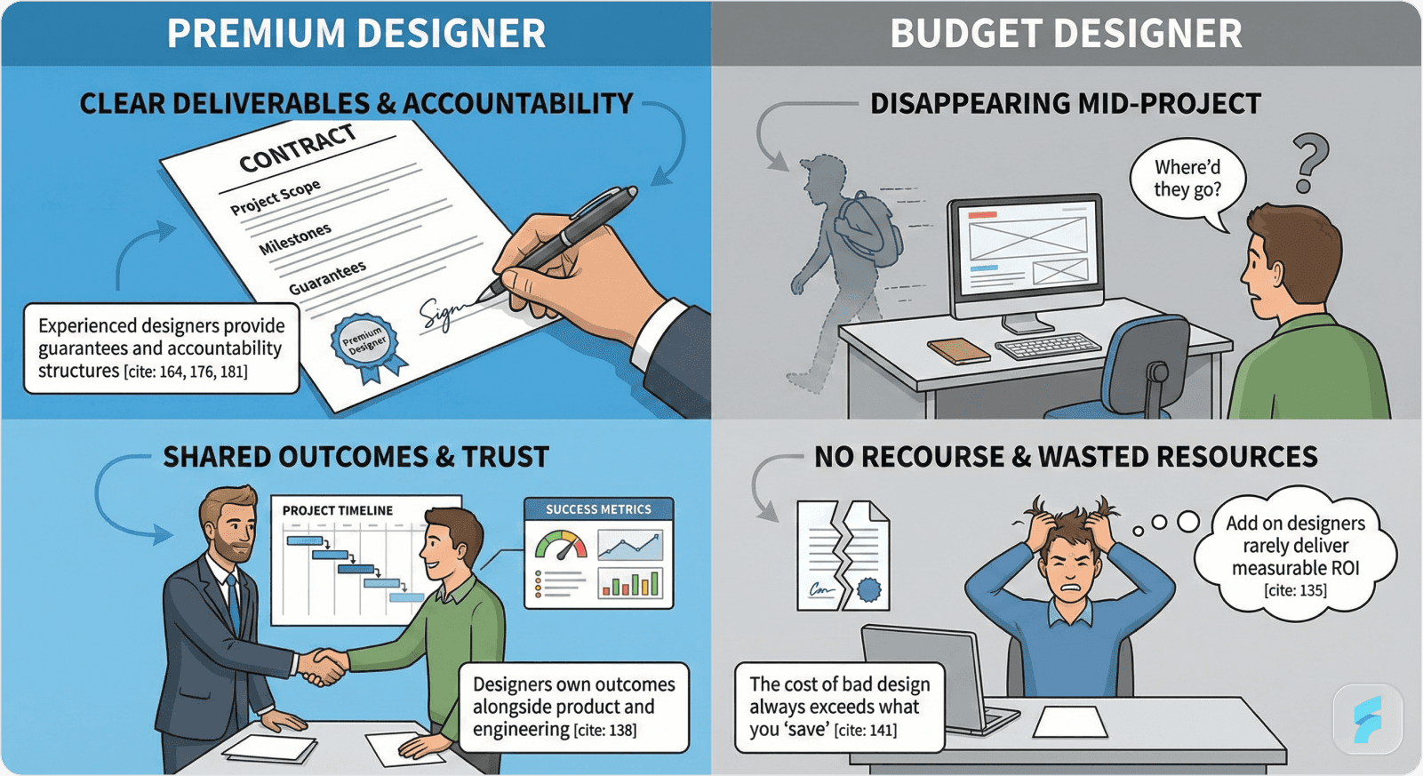 Image showing a signed contract with a premium UX designer offering clear deliverables and accountability, contrasted with a disappearing budget designer.
