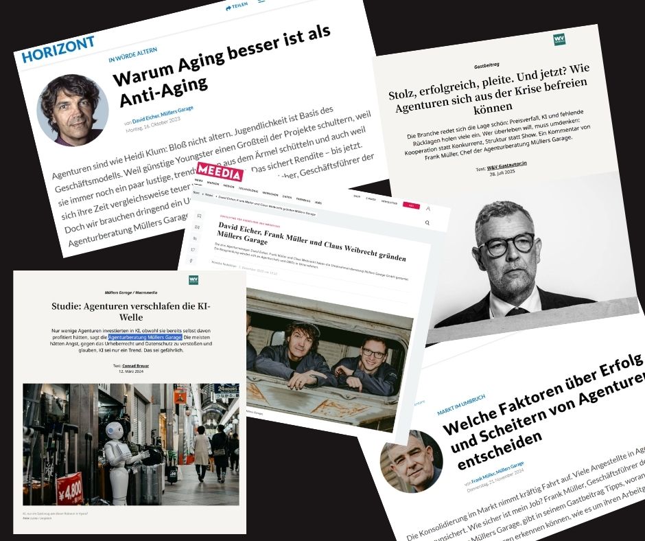 Collage aus Artikeln über Agenturen, Marketingstrategien und KI-Trends in der Branche.