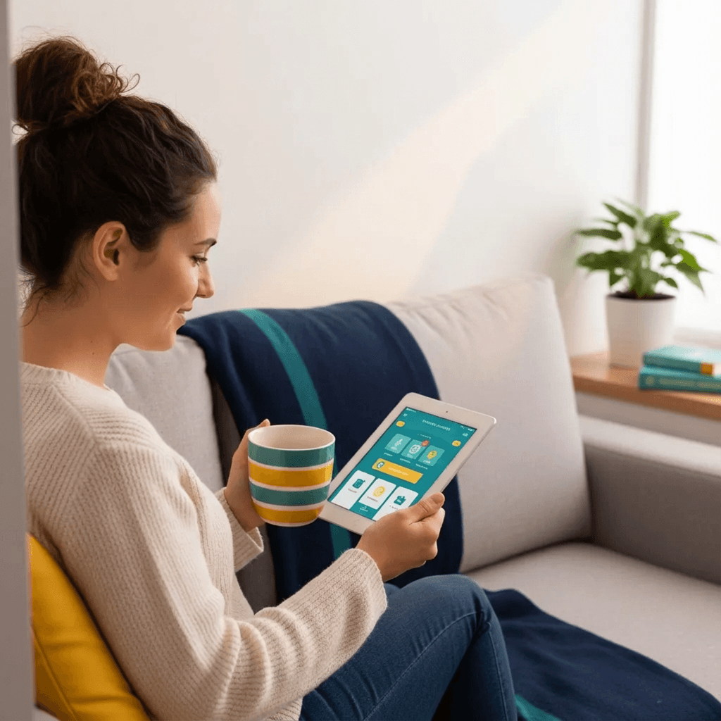 A mother and her son are sitting together, using a tablet to work on homework