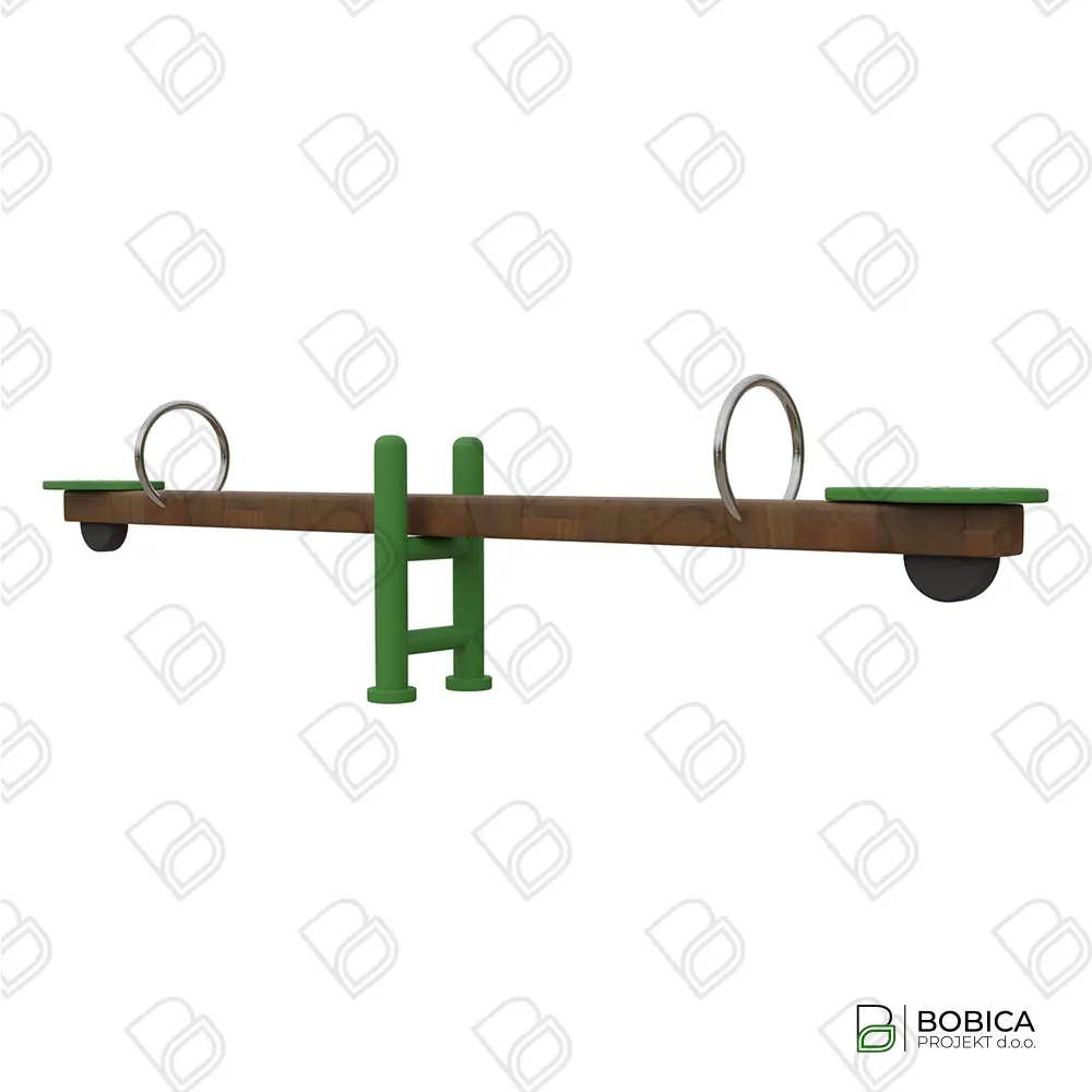 Drvena klackalica za dvoje sa zelenim HDPE sjedalicama i čeličnim rukohvatima – ekološka oprema za dječja igrališta – Bobica Projekt