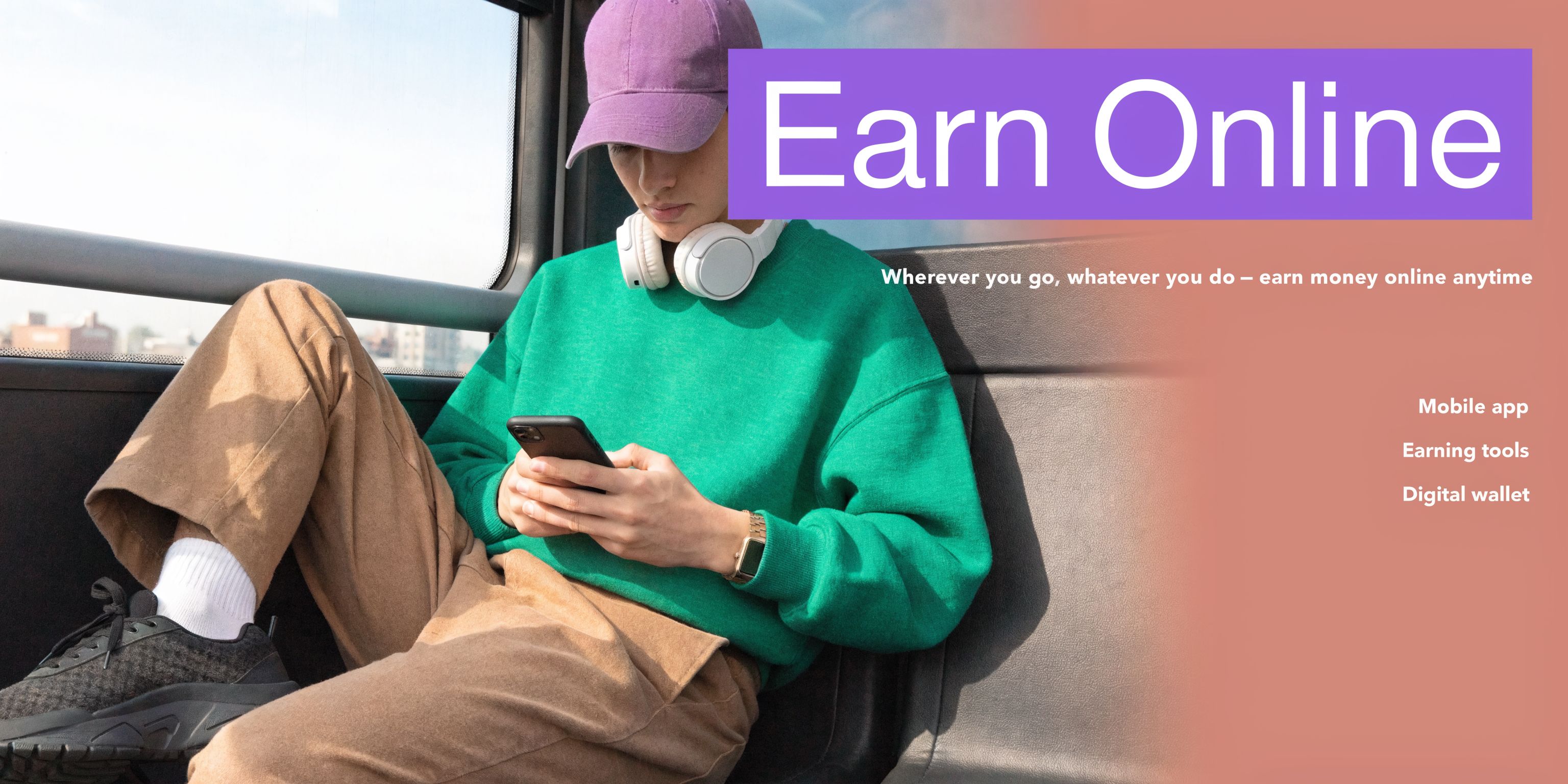 A person sitting on a bus looking at their smartphone, promoting an opportunity to earn money online.