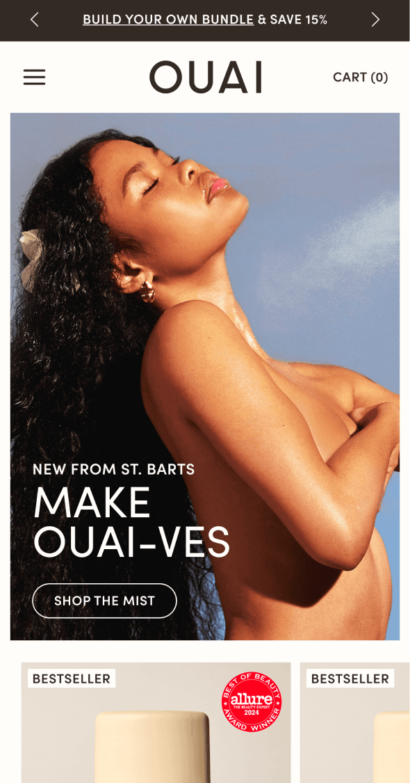 OUAI mobile homepage featuring hero campaign banner and product highlights