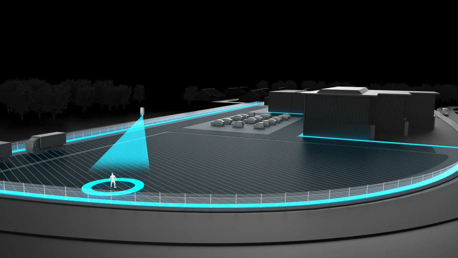 Abstrakte 3D-Darstellung einer Überwachungszone um ein Industriegebäude herum. Ein einzelner Mensch wird von einer Überwachungskamera erfasst, die Lichtkegel und Linienmuster ausstrahlt.