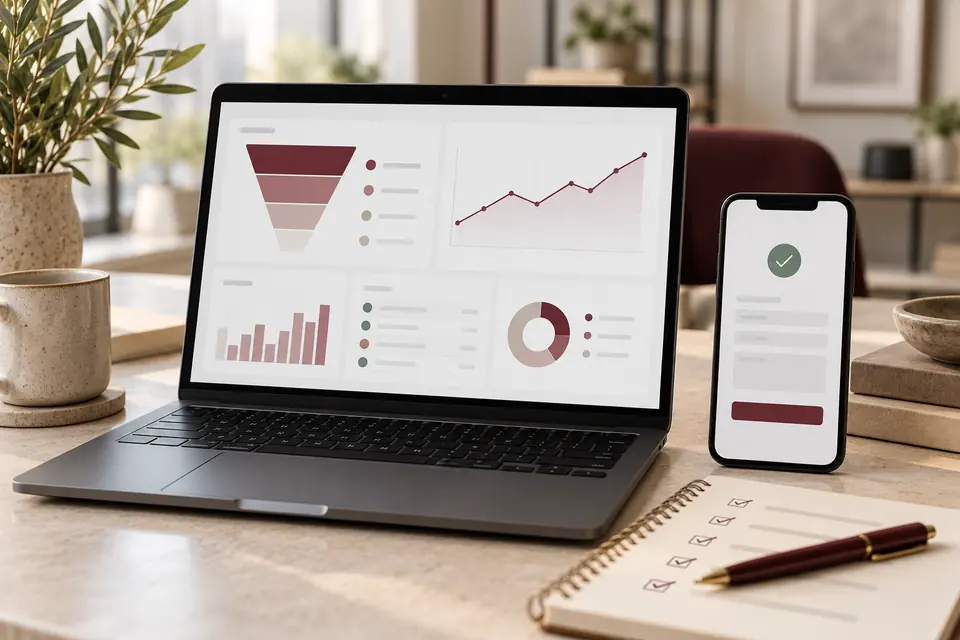 Laptop analytics dashboard and smartphone enquiry form used for conversion tracking.