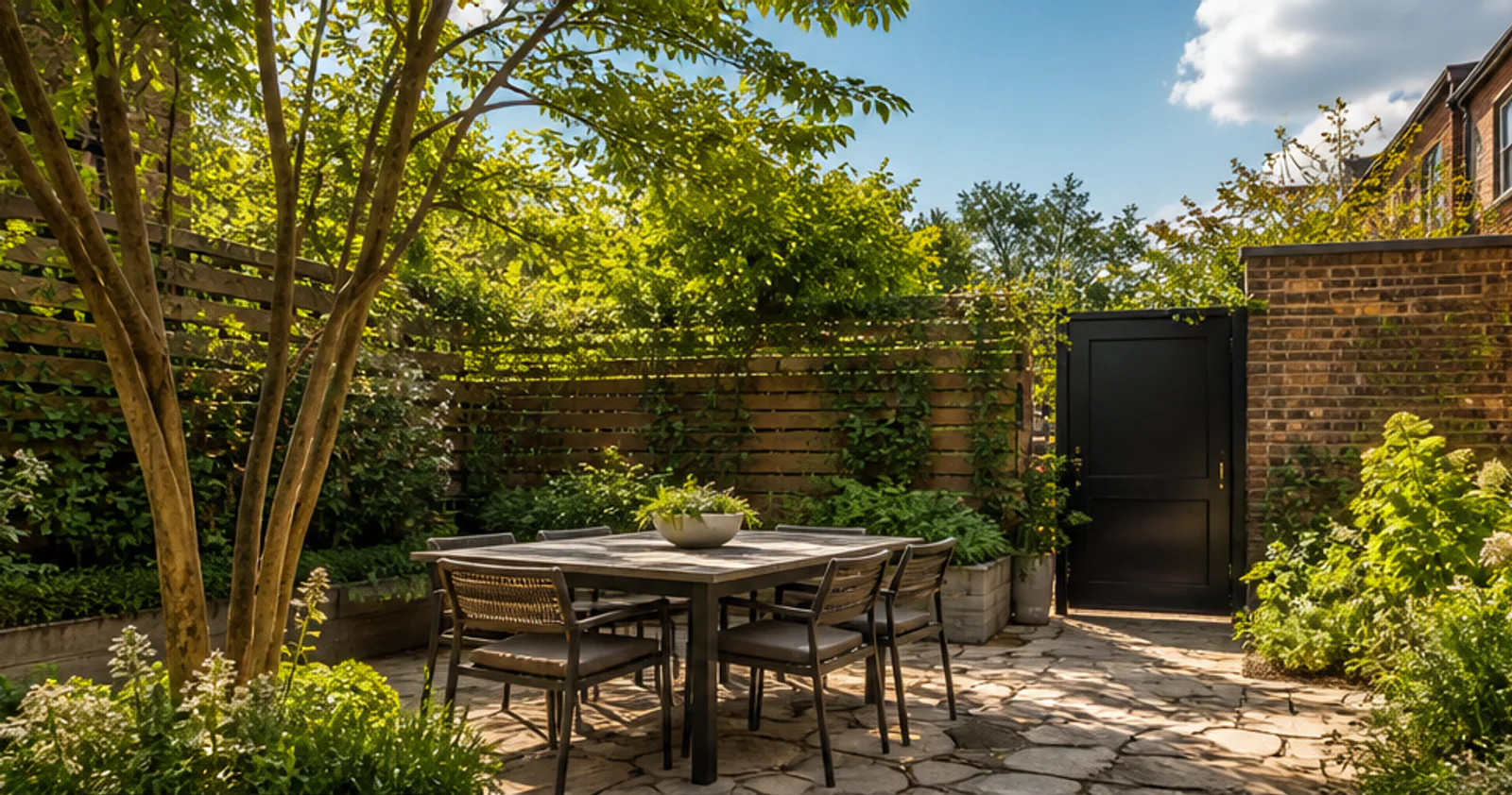 Bright compact courtyard with dining table, stone paving and layered planting