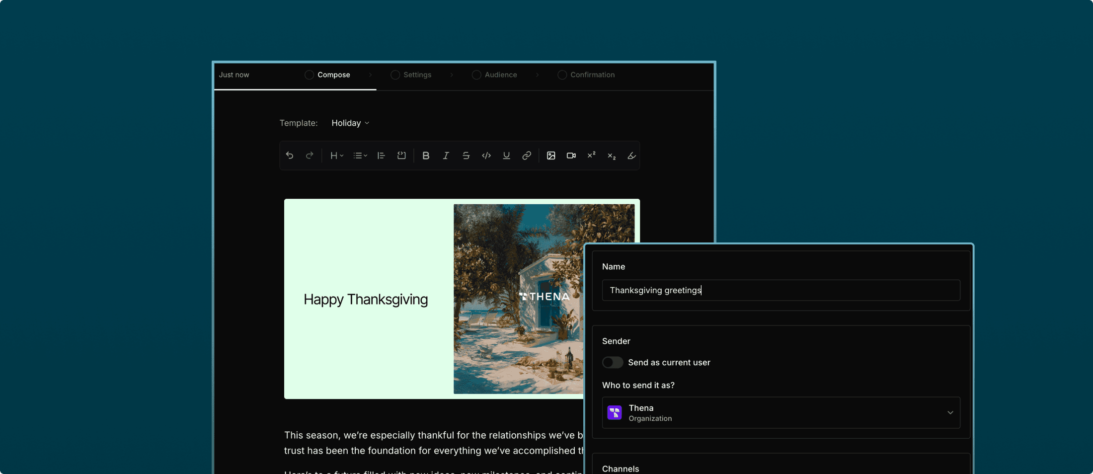 Thena broadcasts - Slack & email broadcasts