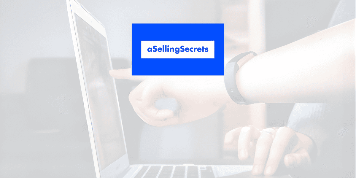 a hand pointing at a laptop with the aSellingSecrets logo displayed, representing Amazon seller account reinstatement services