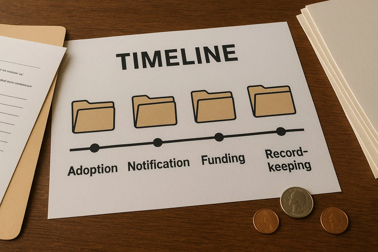 Realistic timeline infographic on a desk showing four steps—adoption, notification, funding, and record-keeping—represented with folders, papers, and coins.