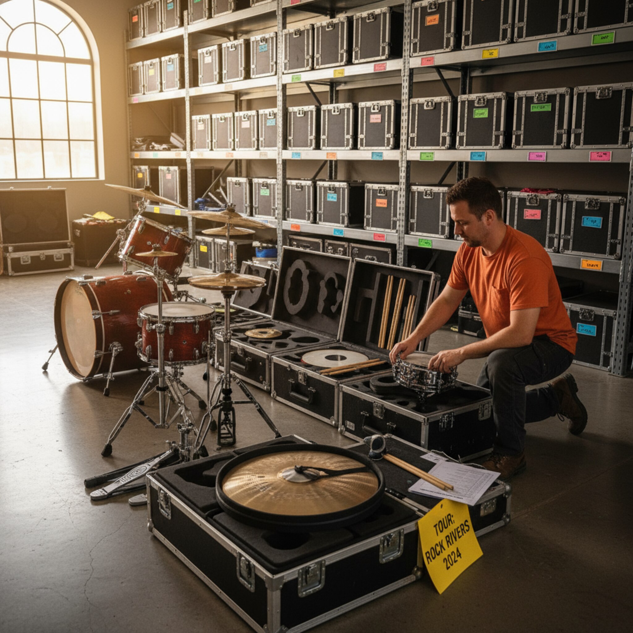 In einem übersichtlichen Lagerraum sortiert ein Mitarbeiter ein Schlagzeugset, legt Becken, Sticks und Stative in passende Cases und prüft, ob alles zusammenpasst. Warmes Seitenlicht fällt auf die aufgeräumten Regale. Ein konzentrierter Moment, in dem ein komplettes Set für die nächste Tour vorbereitet wird.