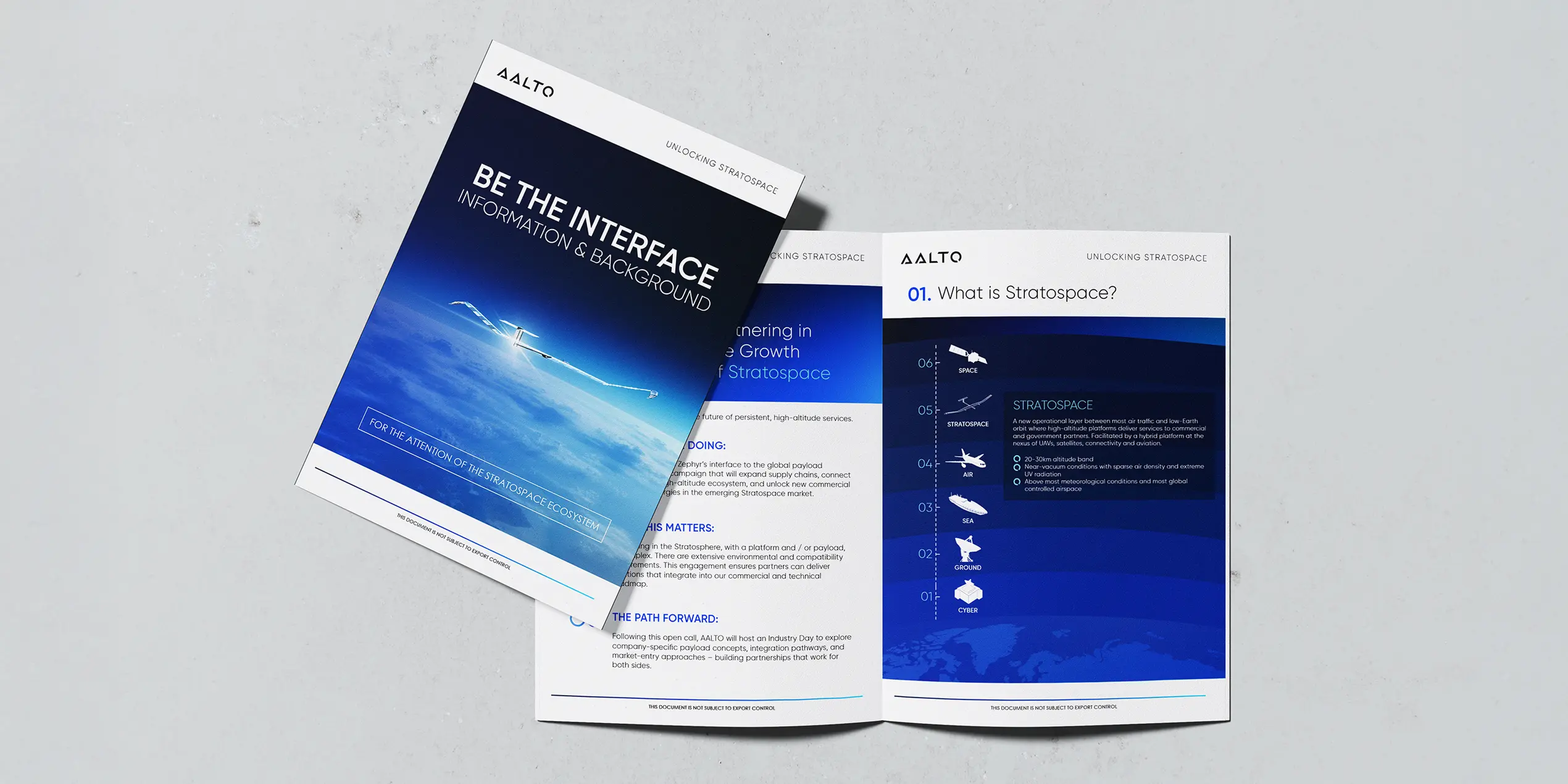 Open AALTO brochure showing 'BE THE INTERFACE' cover and interior page explaining What is Stratospace with aircraft layer diagrams