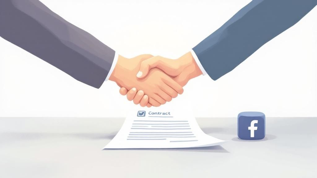 A person signing a social media influencer contract at a desk with a laptop and coffee.