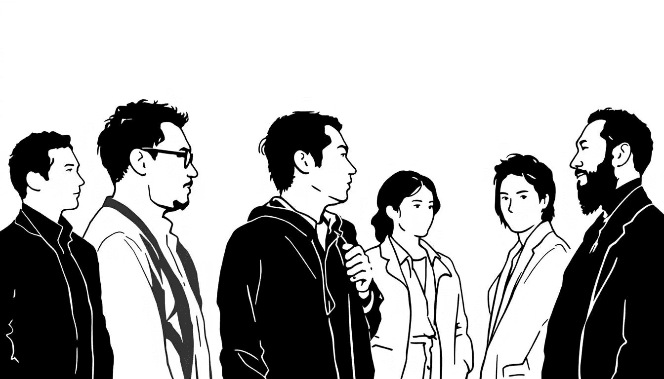 The image features silhouettes representing the main candidates for Satoshi Nakamoto's identity, surrounded by elements symbolizing the bitcoin blockchain and decentralized digital currency. The illustration highlights the mystery of who created bitcoin, as Satoshi Nakamoto remains unknown, while also showcasing the significance of the bitcoin community and its impact on digital transactions.