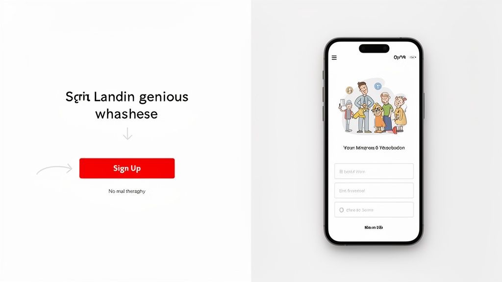 Conceptual 'Sign Up' button and flow next to a mobile app UI with sign-up fields.