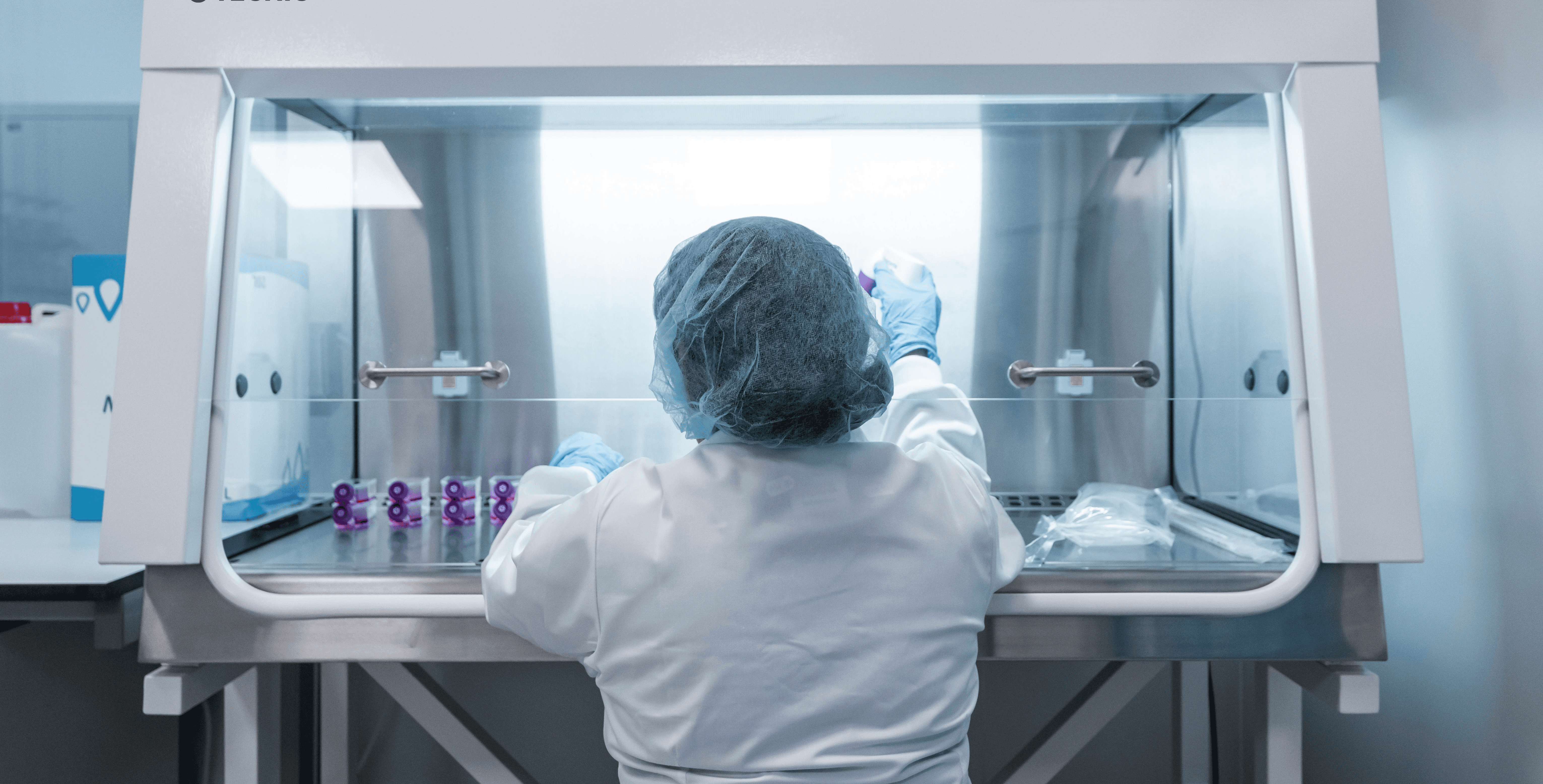 A scientist works in a lab hood, conducting research.