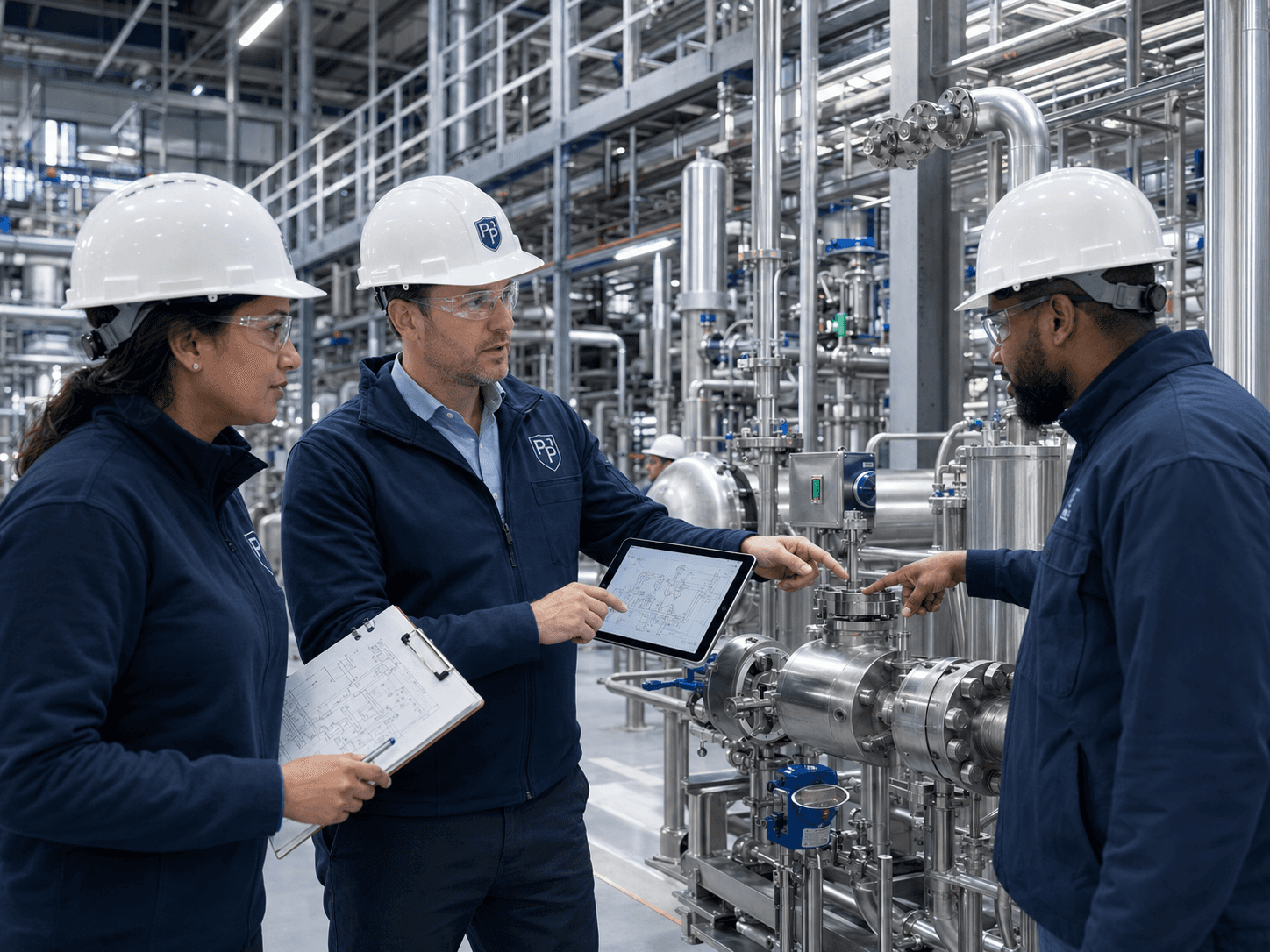 Professional working with stainless steel process equipment in a regulated manufacturing environment