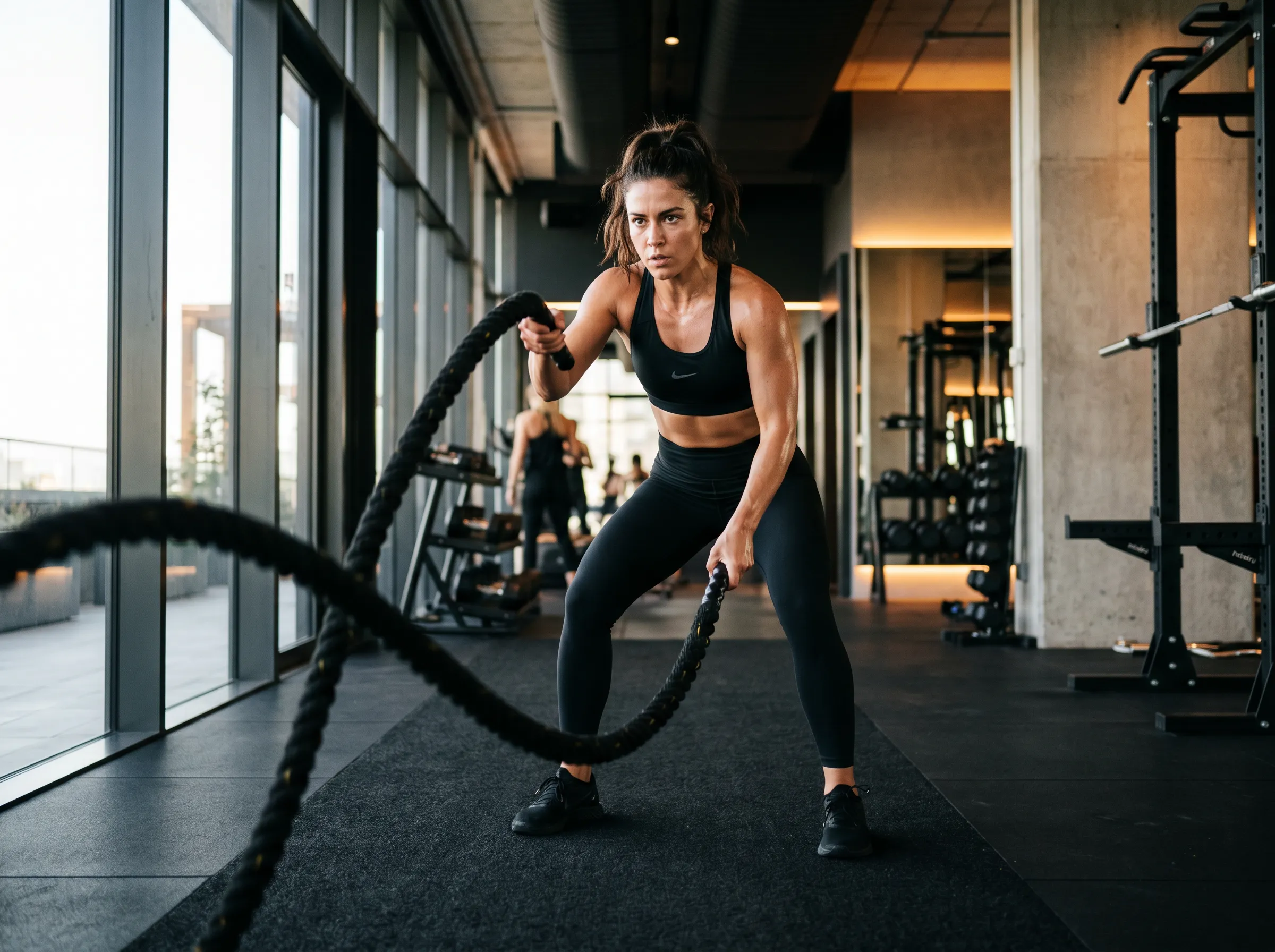 Woman exercising with battle ropes in a gym.
