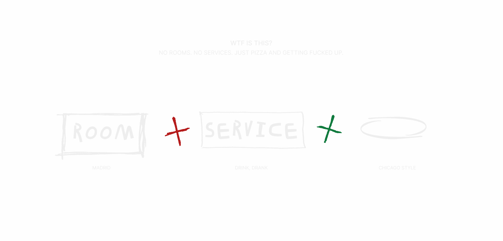 Room Service wordmark: two words boxed by hand, joined by a red cross and a green cross, closed by a hand-drawn ellipse.