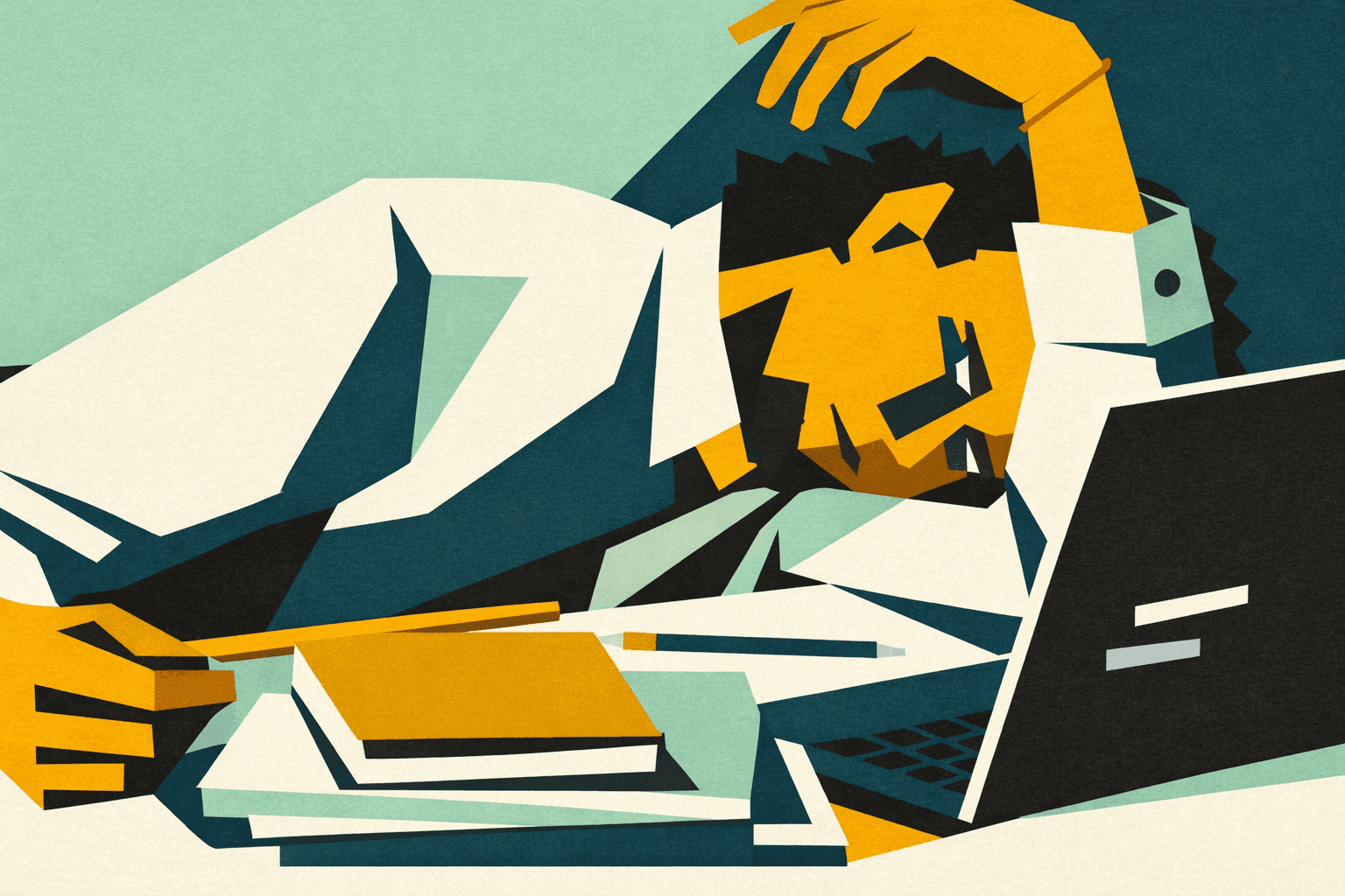 Neo laureato stremato davanti al laptop, sovraccarico di studio e incertezza sul futuro professionale