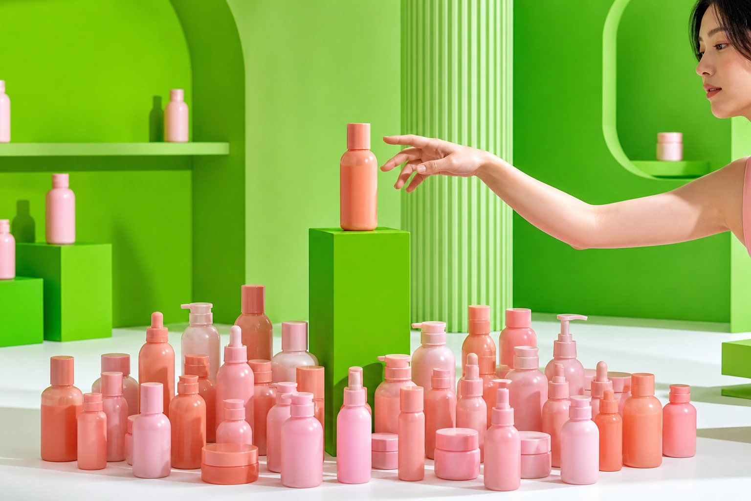 A coral product raised on a green pedestal above a cluster of coral and pink bottles, a hand reaching toward it