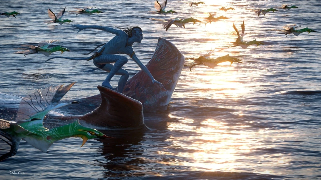 A lithe, blue-skinned being gracefully balances on a large aquatic creature amidst a shimmering ocean at sunset, while several vibrant, bird-like creatures soar nearby, creating a fantastical and dynamic scene.